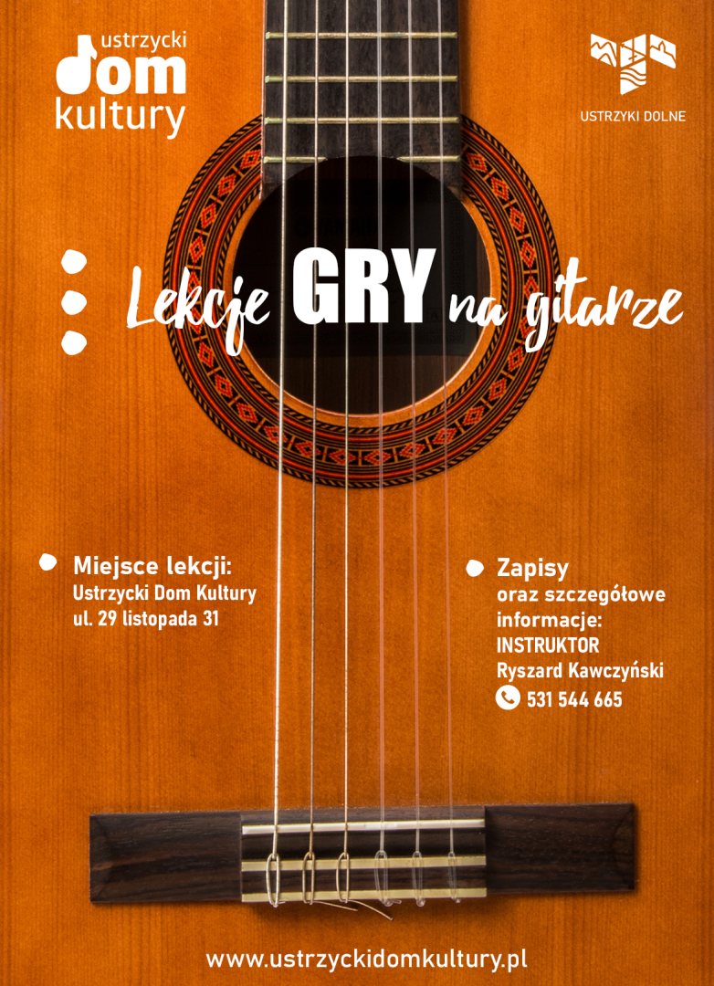 Lekcje gry na gitarze - grafika z informacjami do kontaktu